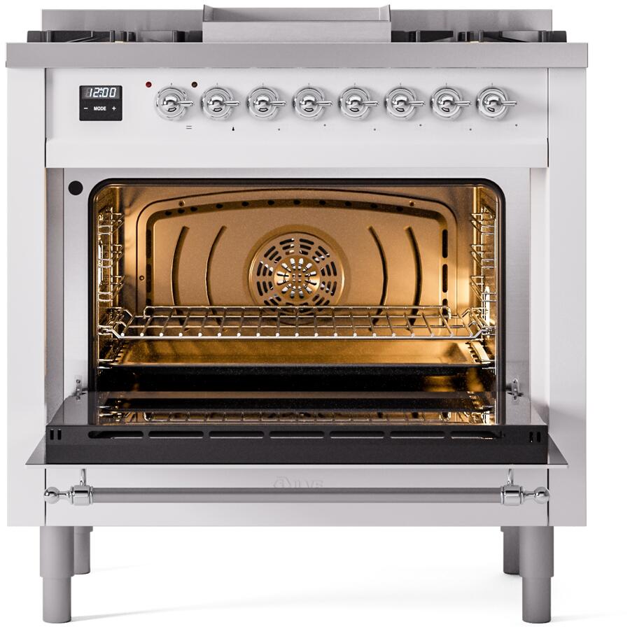 White freestanding range oven with illuminated interior through glass door