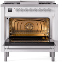ILVE Nostalgie II 36-Inch Dual Fuel Freestanding Range in White with Chrome Trim (UP36FNMPWHCLP)