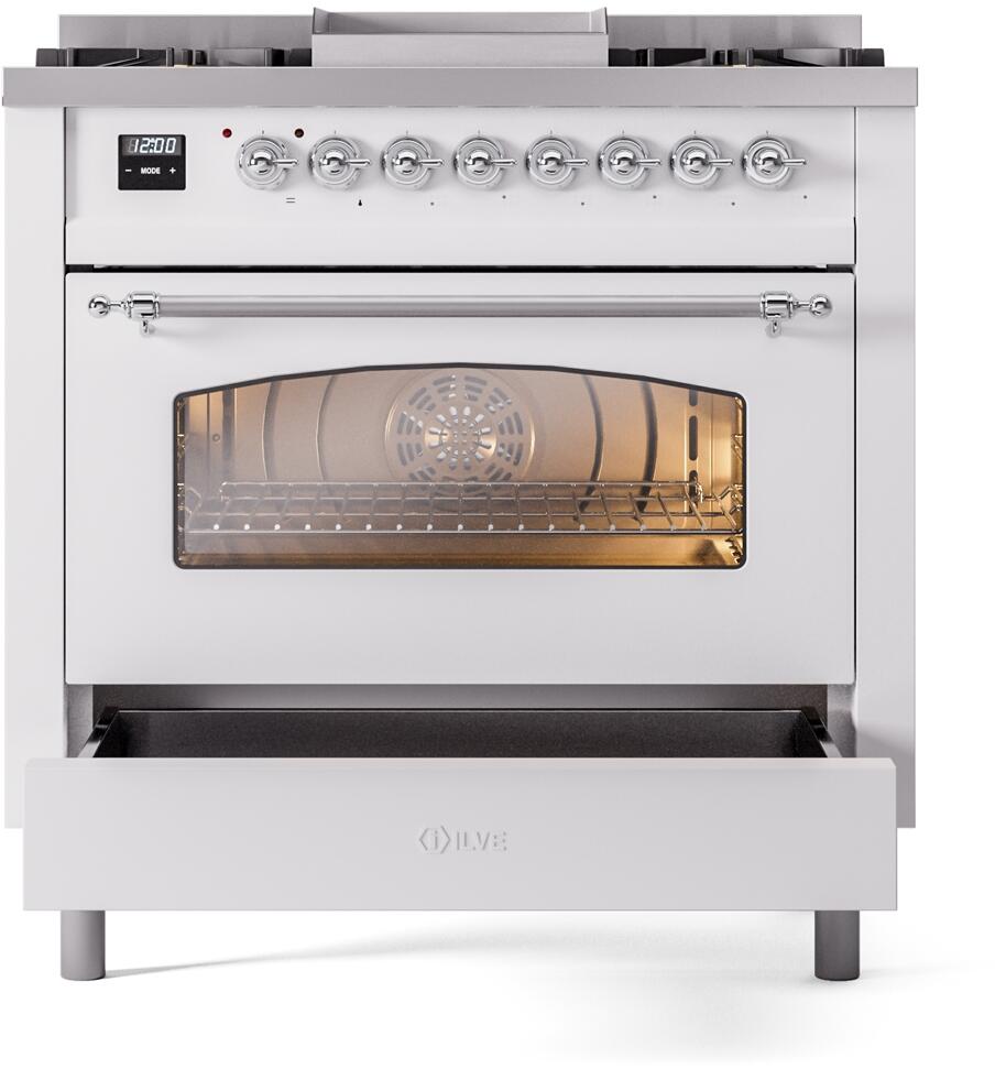 White freestanding range oven door with open storage drawer and lit interior