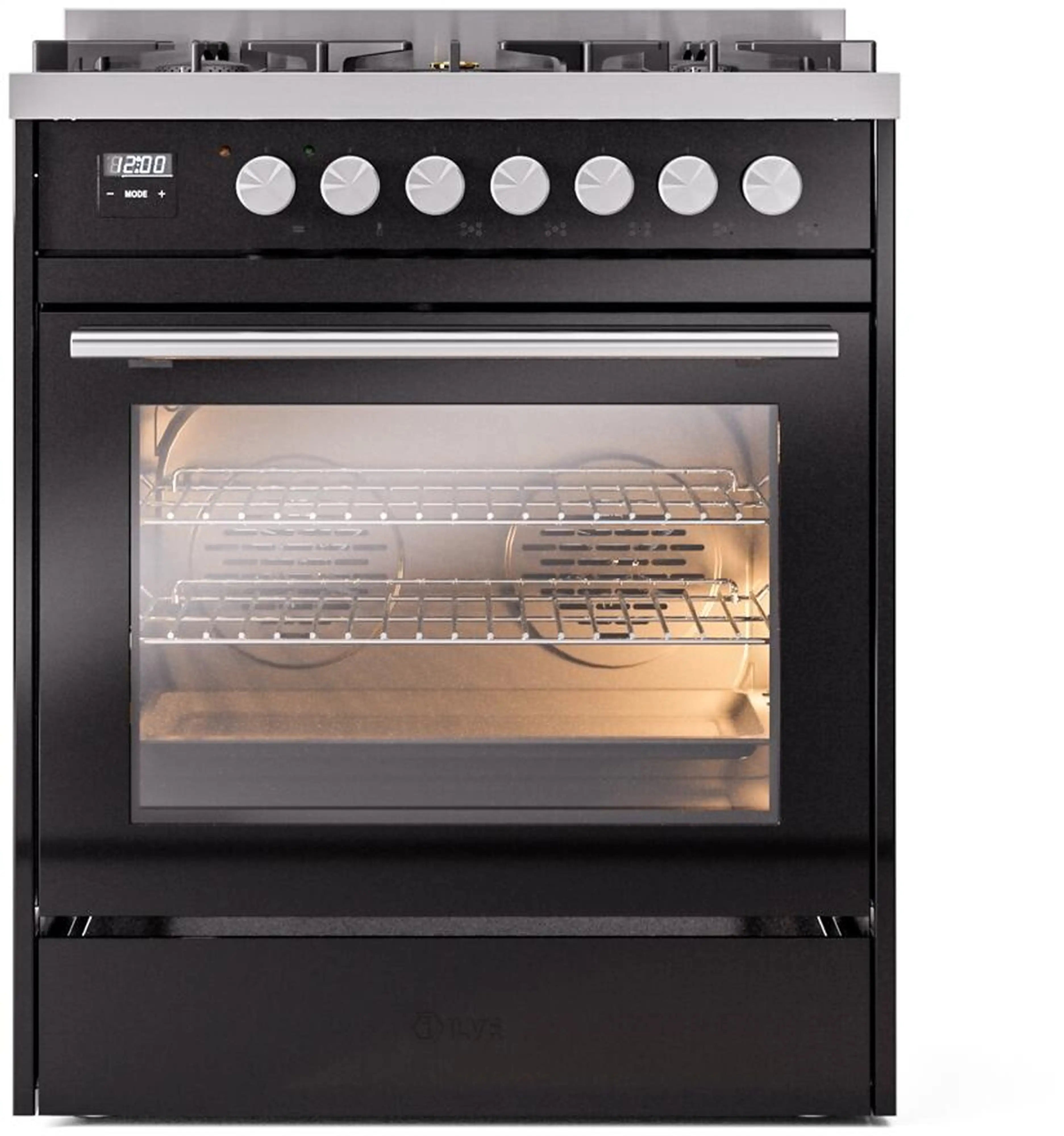 Glossy black dual fuel range with oven door open and lit oven interior