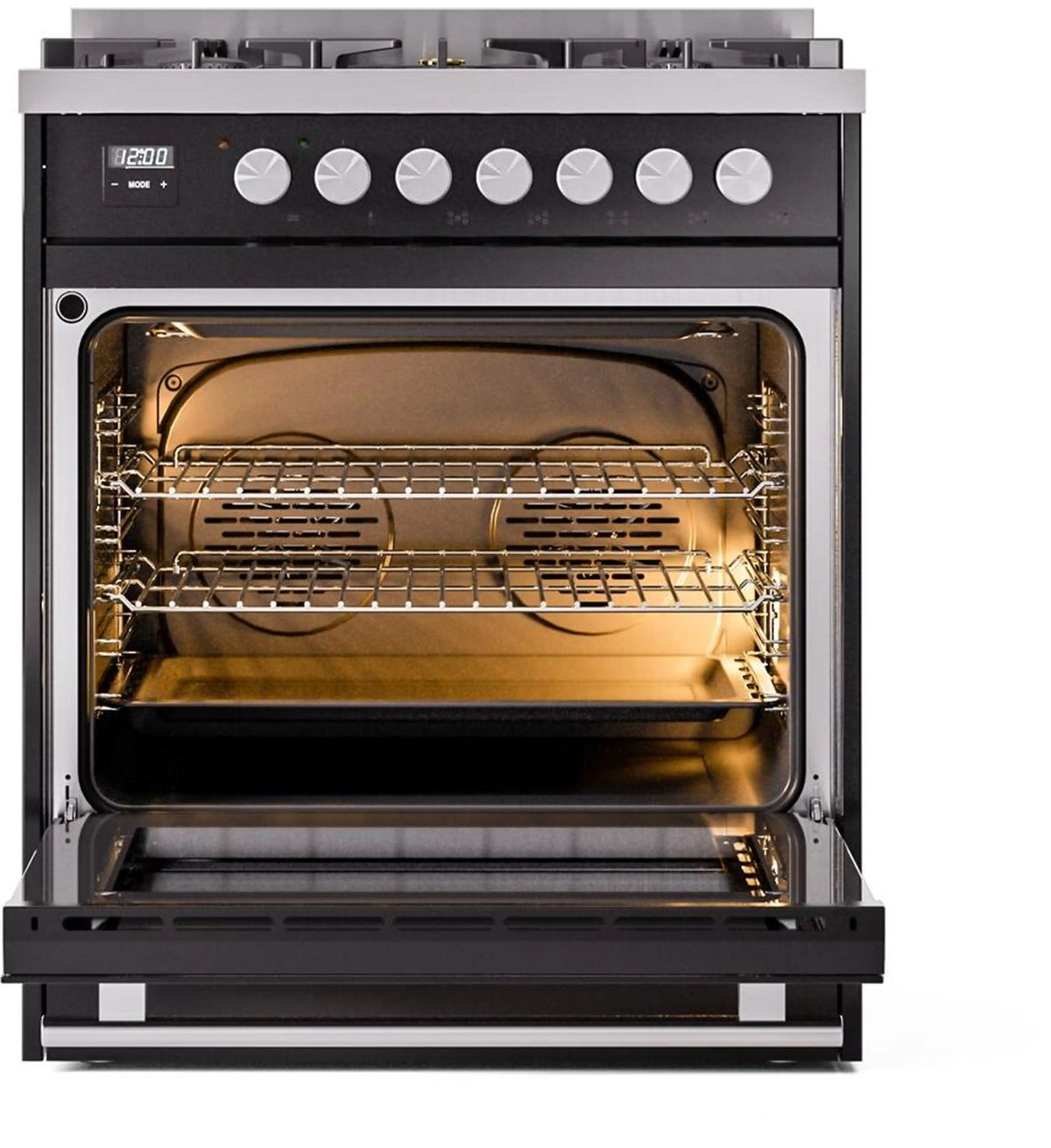 Dual fuel range oven cavity with racks and visible heating elements