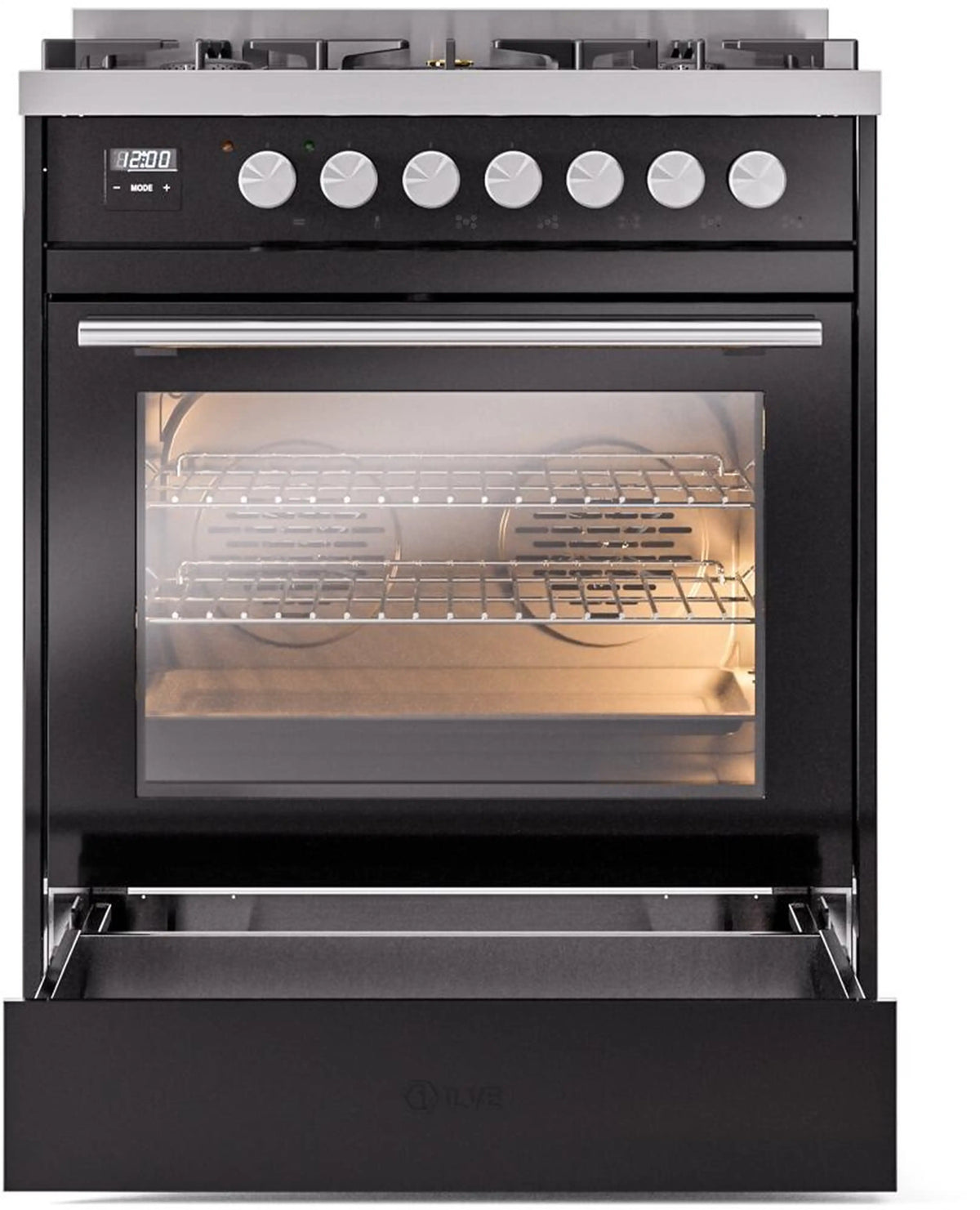 Dual fuel range with stainless door handle, lit oven racks, and knob panel
