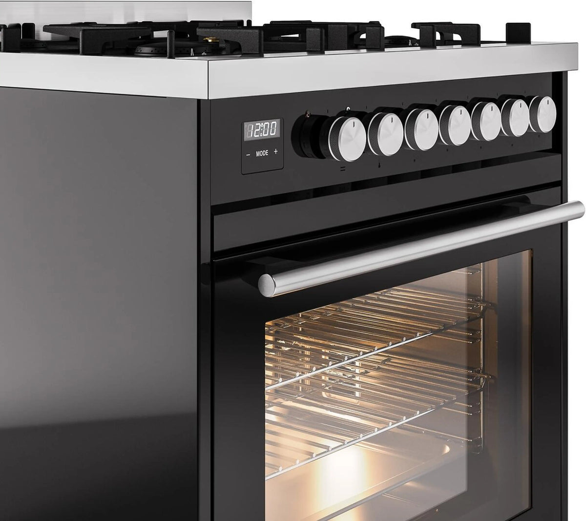 Glossy black range with control knobs and large oven window with metal handle