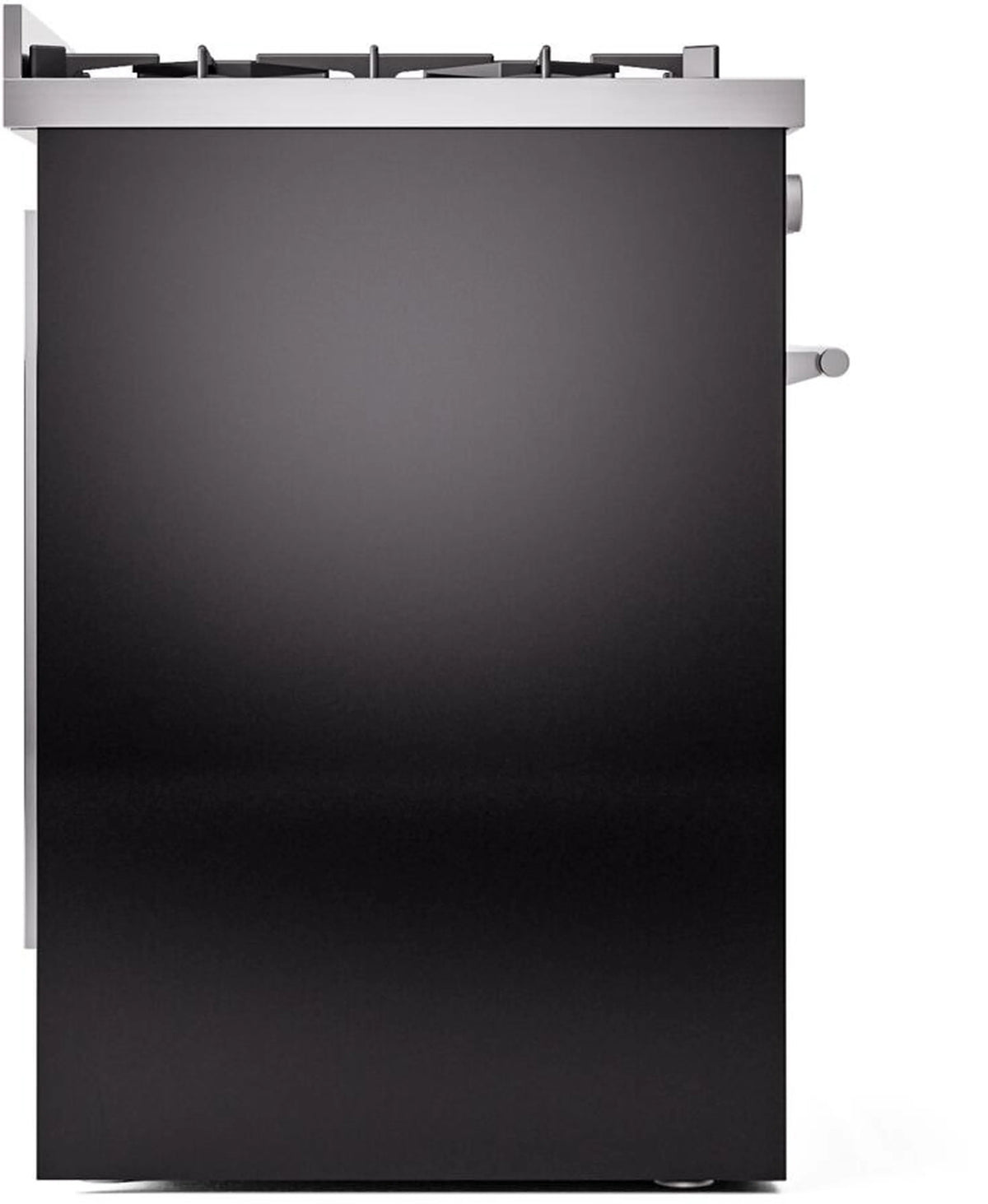 Glossy black dual fuel range with oven door and right-side knob handle