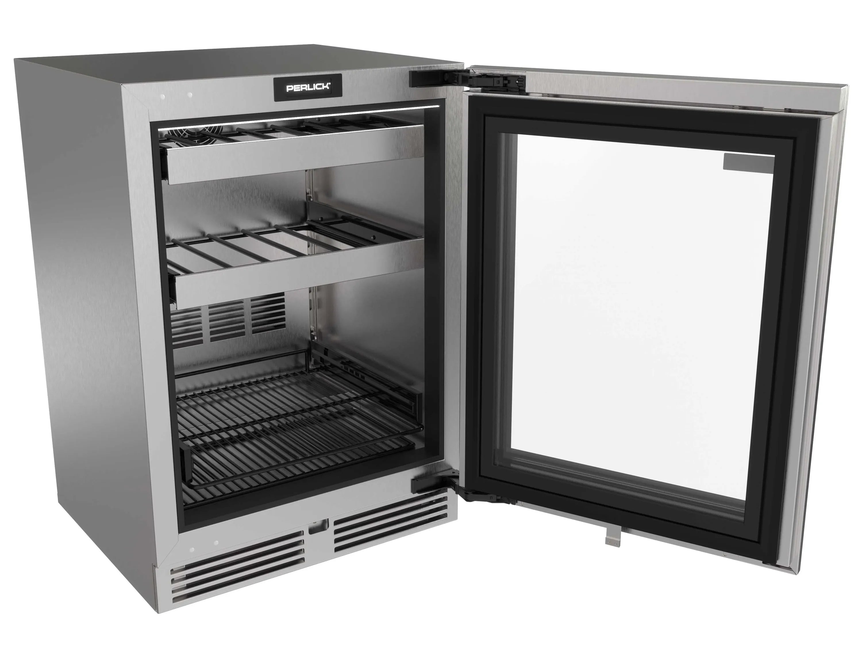 Perlick beverage center with open door showing wire shelves and black glass frame