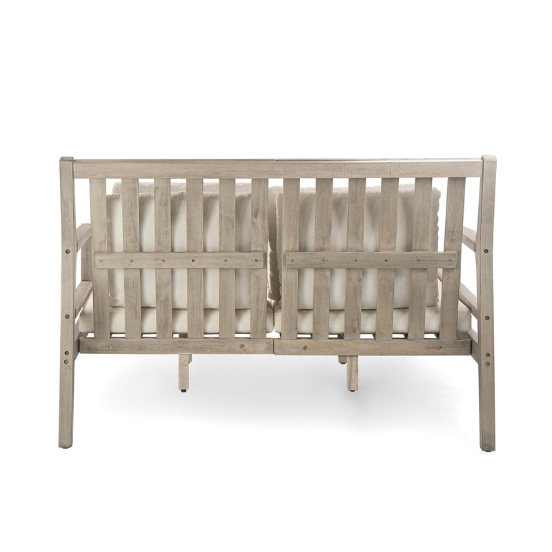 Parrot Uncle Outdoor Patio Daybed with Four Pillows, Wooden Outdoor Bed with Curved Armrests for Poolside, Backyard, Garden