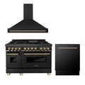 ZLINE Autograph Edition 3-Piece Appliance Package - 48-Inch Dual Fuel Range, Wall Mounted Range Hood, & 24-Inch Tall Tub Dishwasher in Black Stainless Steel with Champagne Bronze Trim (3AKP-RABRHDWV48-CB)