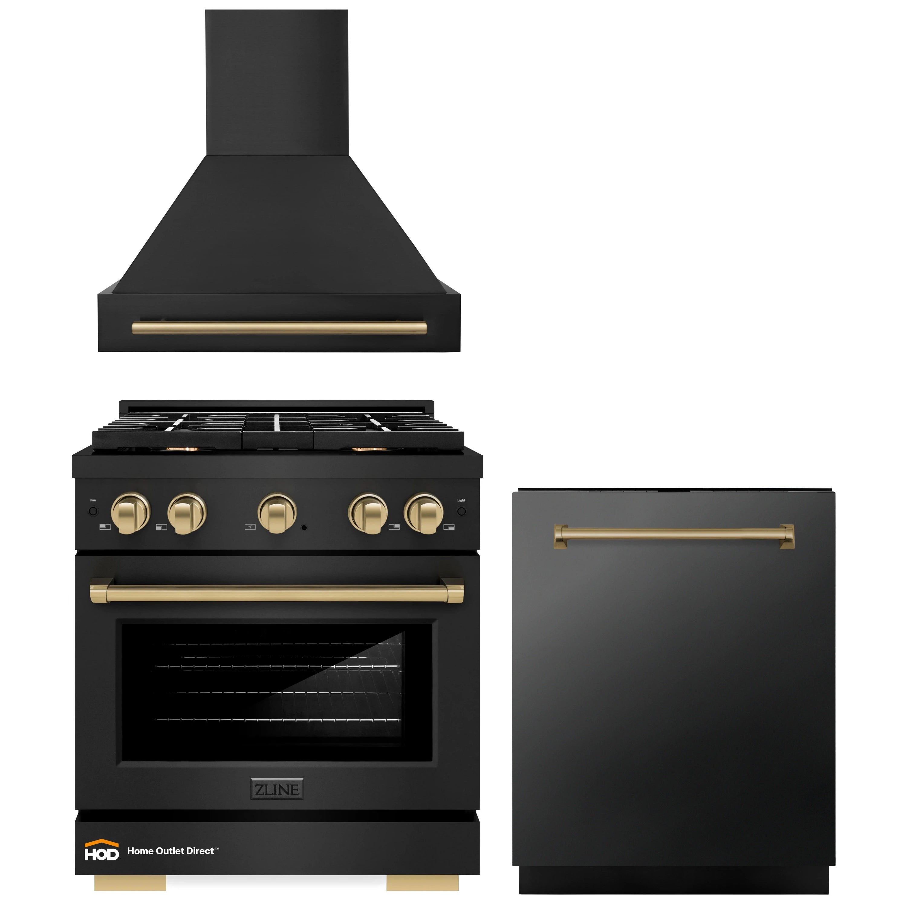 3-piece kitchen appliance package: black gas range, wall hood, dishwasher with bronze trim