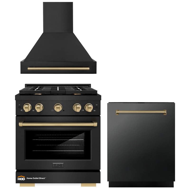 ZLINE Autograph Edition 3-Piece Appliance Package - 30-Inch Gas Range, Wall Mounted Range Hood, & 24-Inch Tall Tub Dishwasher in Black Stainless Steel with Champagne Bronze Trim (3AKP-RGBRHDWV30-CB)