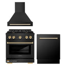 ZLINE Autograph Edition 3-Piece Appliance Package - 30-Inch Gas Range, Wall Mounted Range Hood, & 24-Inch Tall Tub Dishwasher in Black Stainless Steel with Gold Trim (3AKP-SGRBRHDWV30-G)