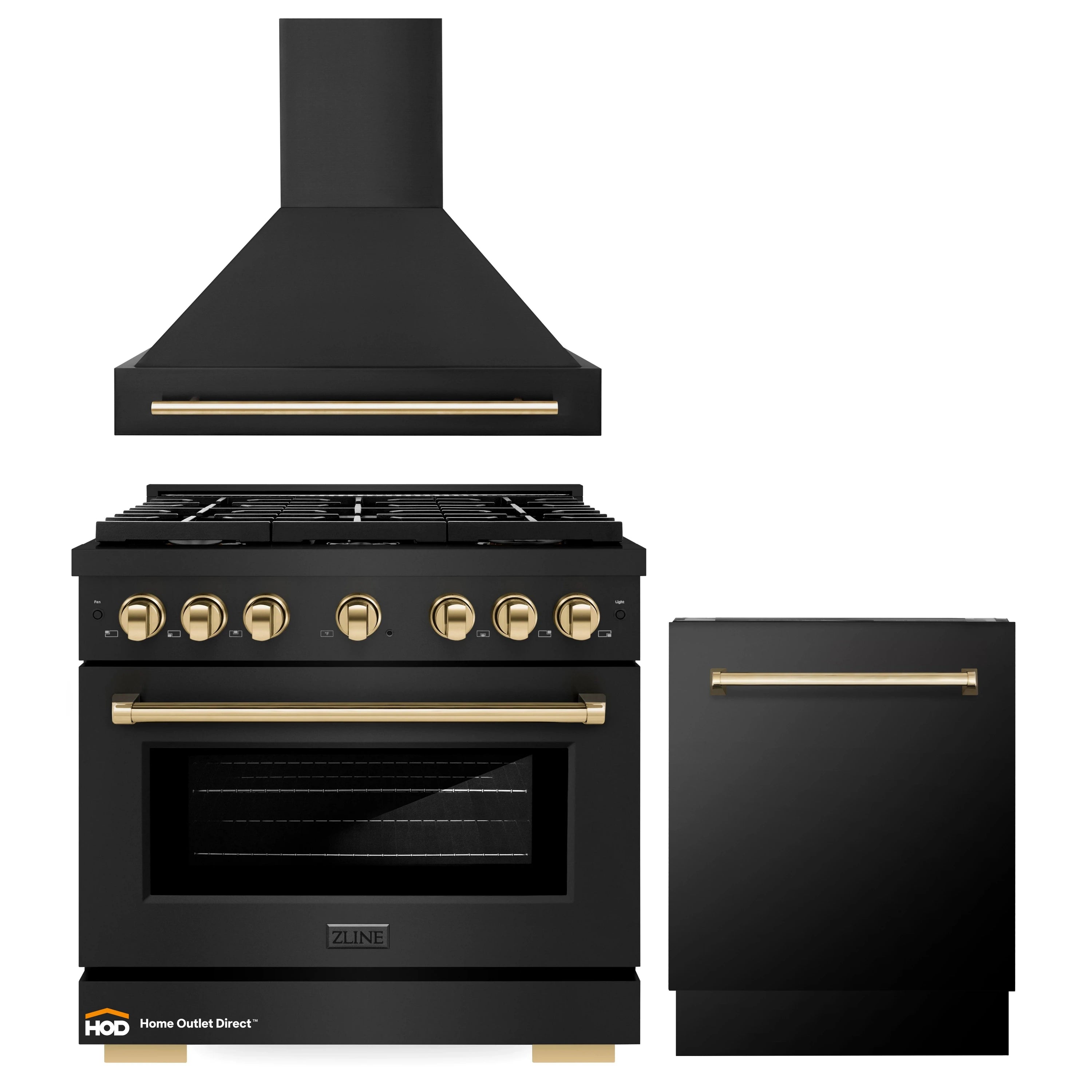 Black stainless gas range with gold-trim hood and tall dishwasher, 3-piece appliance set