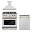 ZLINE Autograph Edition 3-Piece Appliance Package - 30-Inch Gas Range, Wall Mounted Range Hood, & 24-Inch Tall Tub Dishwasher in Stainless Steel with Champagne Bronze Trim (3AKP-SGRRHDWM30-CB)