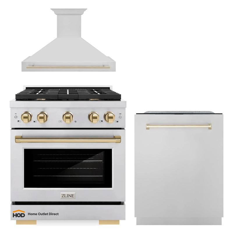 ZLINE Autograph Edition 3-Piece Appliance Package - 30-Inch Gas Range, Wall Mounted Range Hood, & 24-Inch Tall Tub Dishwasher in Stainless Steel with Gold Trim (3AKP-RGRHDWM30-G)