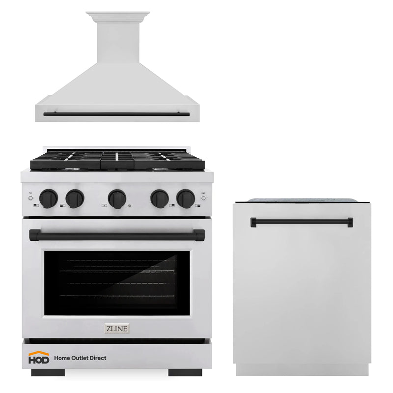 ZLINE Autograph Edition 3-Piece Appliance Package - 30-Inch Gas Range, Wall Mounted Range Hood, & 24-Inch Tall Tub Dishwasher in Stainless Steel with Matte Black Trim (3AKP-RGRHDWM30-MB)