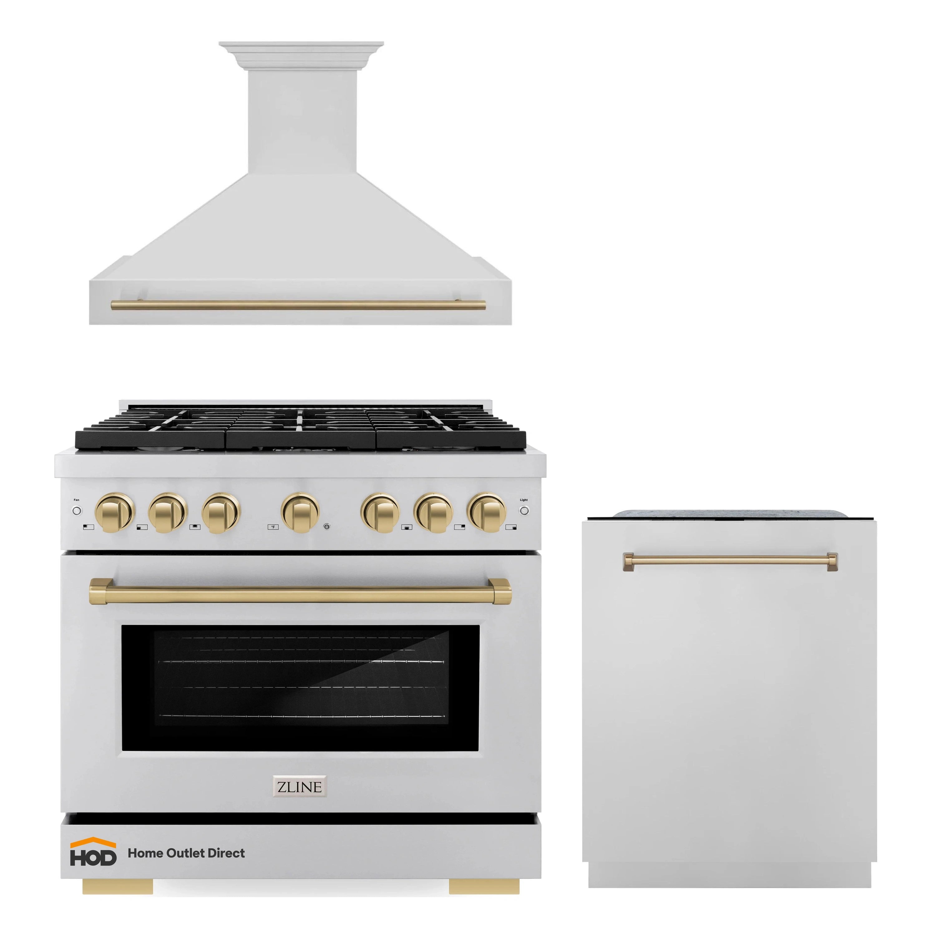 White 36in gas range with brass bronze control knobs, under-wall hood and dishwasher
