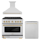 ZLINE Autograph Edition 3-Piece Appliance Package - 36-Inch Gas Range, Wall Mounted Range Hood, & 24-Inch Tall Tub Dishwasher in Stainless Steel with Gold Trim (3AKP-SGRRHDWM36-G)