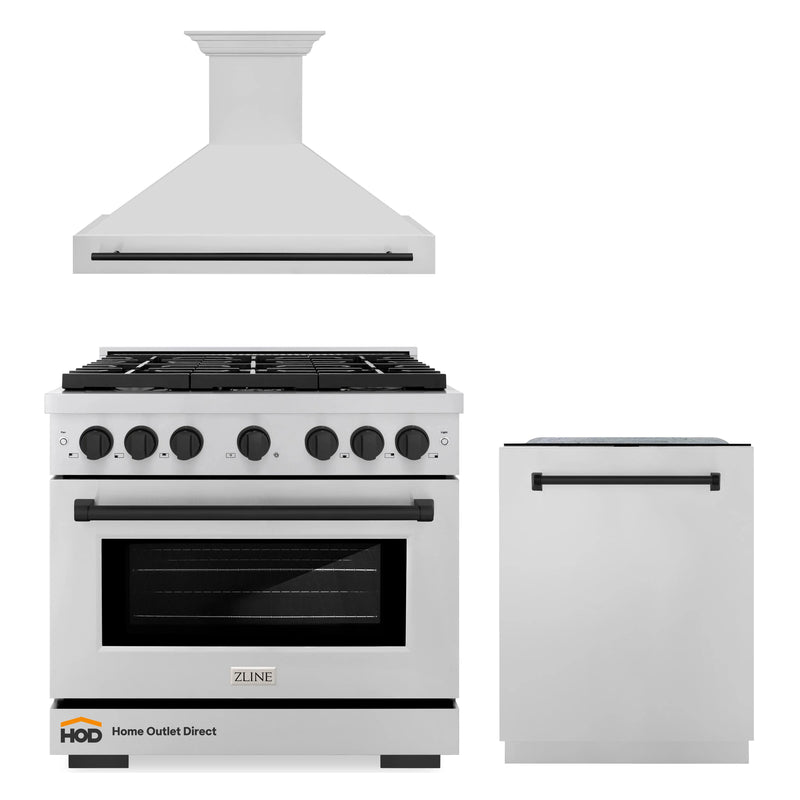 ZLINE Autograph Edition 3-Piece Appliance Package - 36-Inch Gas Range, Wall Mounted Range Hood, & 24-Inch Tall Tub Dishwasher in Stainless Steel with Matte Black Trim (3AKP-RGRHDWM36-MB)