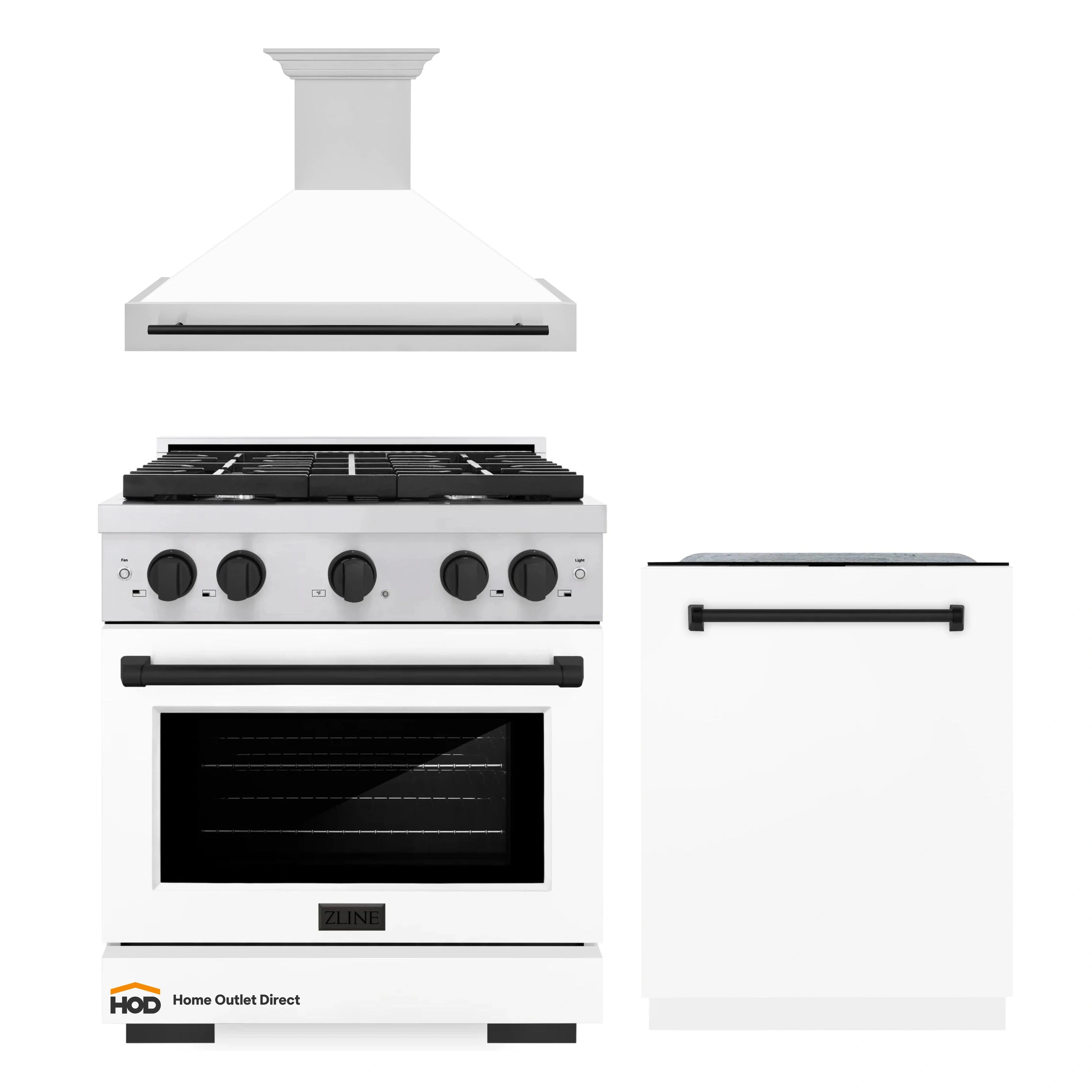 White gas range, wall hood, and dishwasher with stainless tub and white door