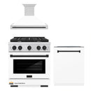 ZLINE Autograph Edition 3-Piece Appliance Package - 30" Gas Range, Wall Mounted Range Hood, &amp; 24" Tall Tub Dishwasher in Stainless Steel and White Door with Matte Black Trim (3AKP-SGRWMRHDWM30-MB)