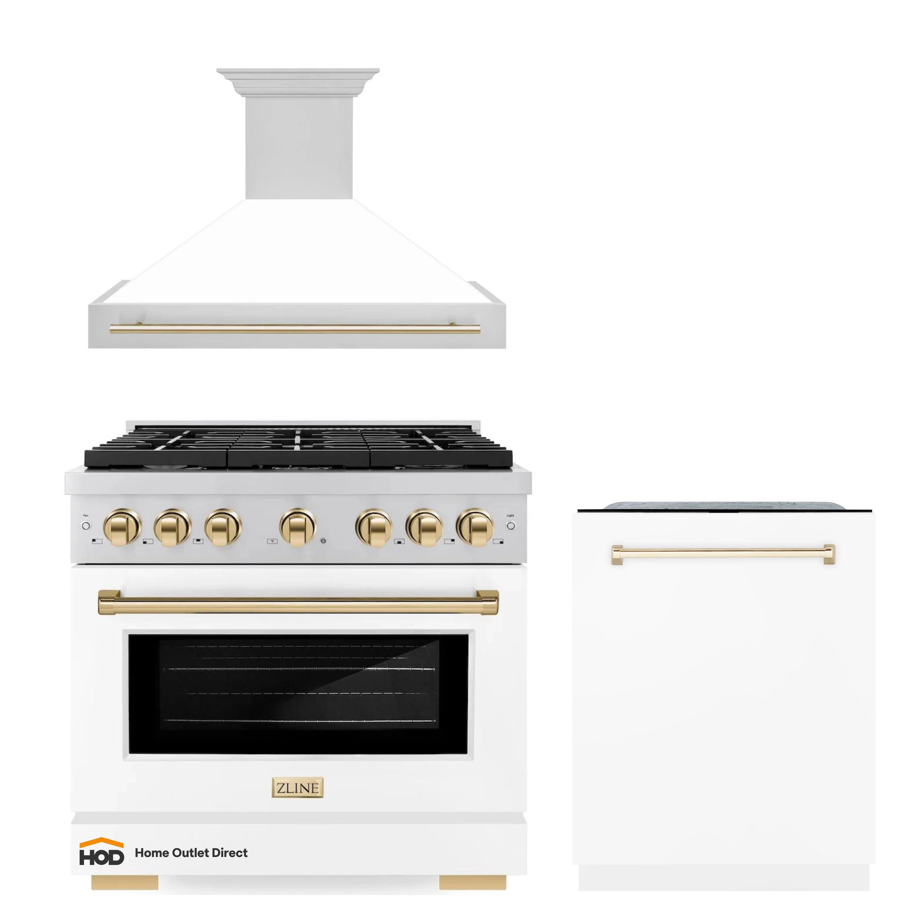 Gas range with wall hood and dishwasher door panel, white finish with gold accents