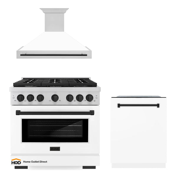 ZLINE Autograph Edition 3-Piece Appliance Package - 36-Inch Gas Range, Wall Mounted Range Hood, & 24-Inch Tall Tub Dishwasher in Stainless Steel and White Door with Matte Black Trim (3AKP-RGWMRHDWM36-MB)