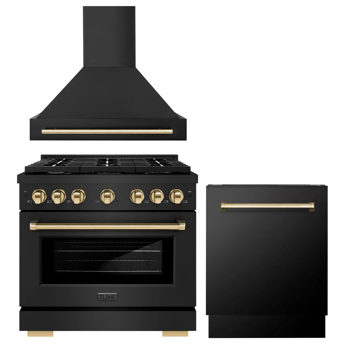 ZLINE Autograph Edition 3-Piece Appliance Package - 36-Inch Gas Range, Wall Mounted Range Hood, & 24-Inch Tall Tub Dishwasher in Black Stainless Steel with Gold Trim (3AKP-SGRBRHDWV36-G)