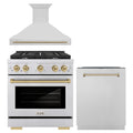 ZLINE Autograph Edition 3-Piece Appliance Package - 30-Inch Gas Range, Wall Mounted Range Hood, & 24-Inch Tall Tub Dishwasher in Stainless Steel with Champagne Bronze Trim (3AKP-SGRRHDWM30-CB)