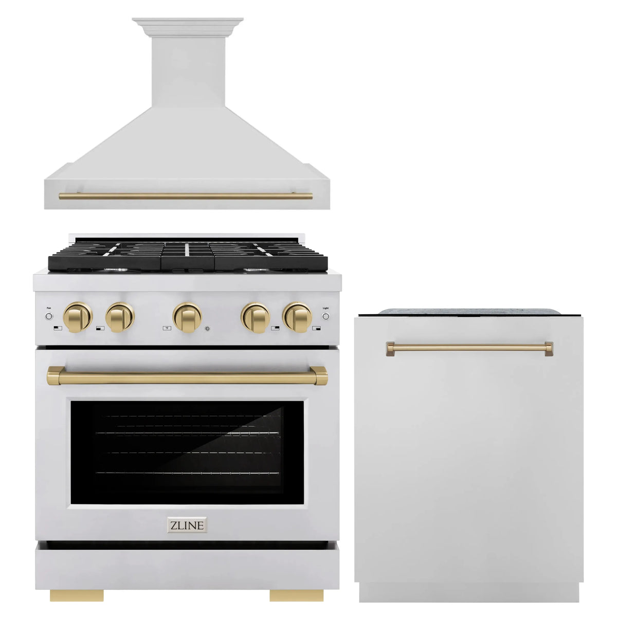 ZLINE Autograph Edition 3-Piece Appliance Package - 30-Inch Gas Range, Wall Mounted Range Hood, & 24-Inch Tall Tub Dishwasher in Stainless Steel with Champagne Bronze Trim (3AKP-SGRRHDWM30-CB)
