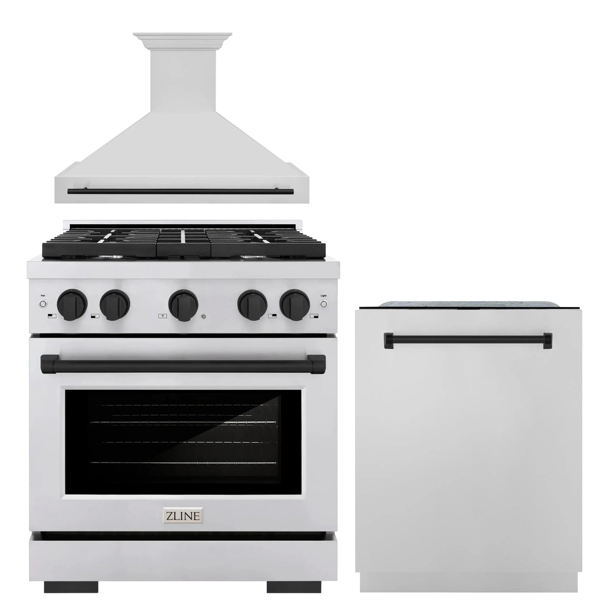 ZLINE Autograph Edition 3-Piece Appliance Package - 30-Inch Gas Range, Wall Mounted Range Hood, & 24-Inch Tall Tub Dishwasher in Stainless Steel with Matte Black Trim (3AKP-SGRRHDWM30-MB)