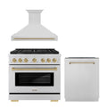 ZLINE Autograph Edition 3-Piece Appliance Package - 36-Inch Gas Range, Wall Mounted Range Hood, & 24-Inch Tall Tub Dishwasher in Stainless Steel with Champagne Bronze Trim (3AKP-SGRRHDWM36-CB)