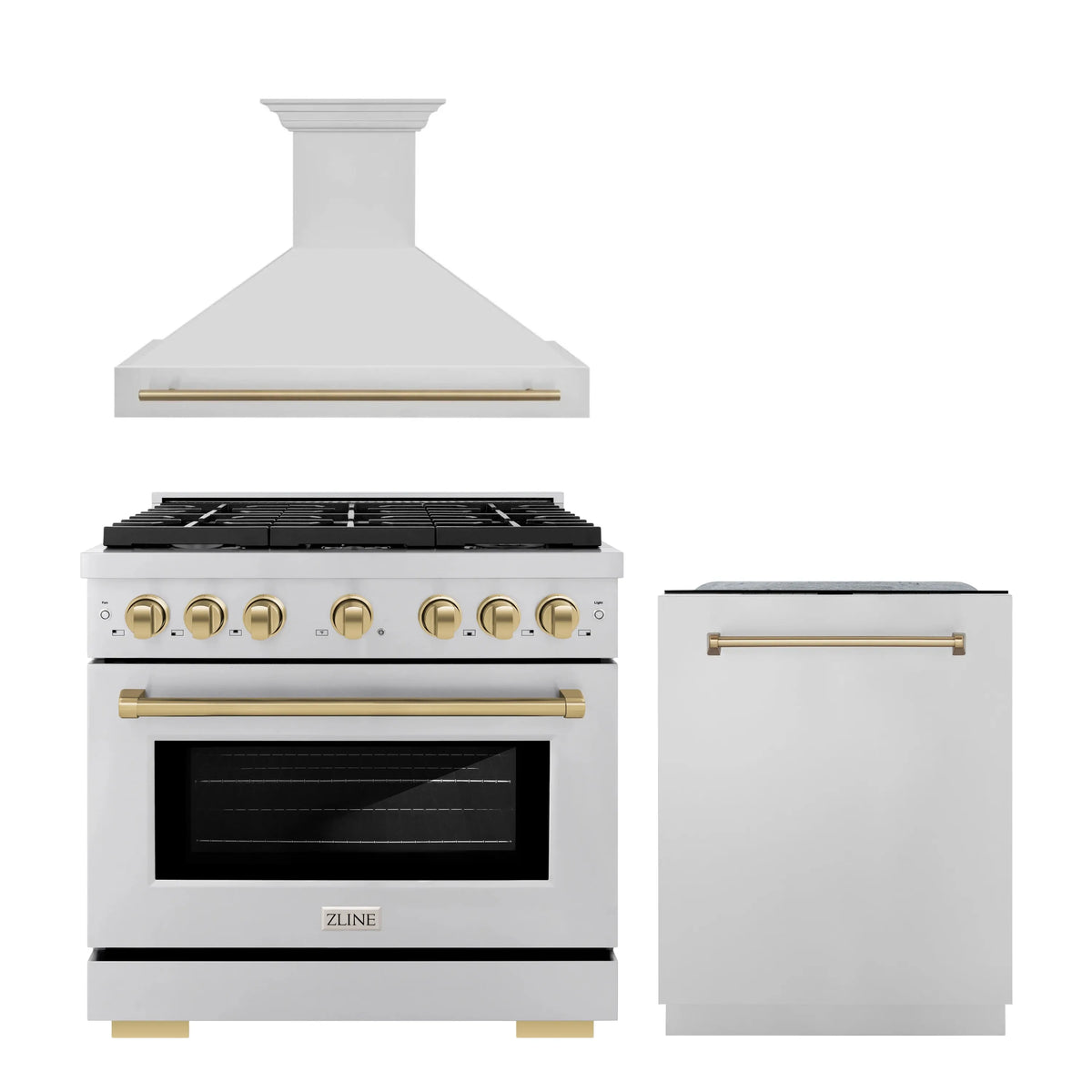 ZLINE Autograph Edition 3-Piece Appliance Package - 36-Inch Gas Range, Wall Mounted Range Hood, & 24-Inch Tall Tub Dishwasher in Stainless Steel with Champagne Bronze Trim (3AKP-SGRRHDWM36-CB)