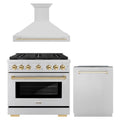 ZLINE Autograph Edition 3-Piece Appliance Package - 36-Inch Gas Range, Wall Mounted Range Hood, & 24-Inch Tall Tub Dishwasher in Stainless Steel with Gold Trim (3AKP-SGRRHDWM36-G)