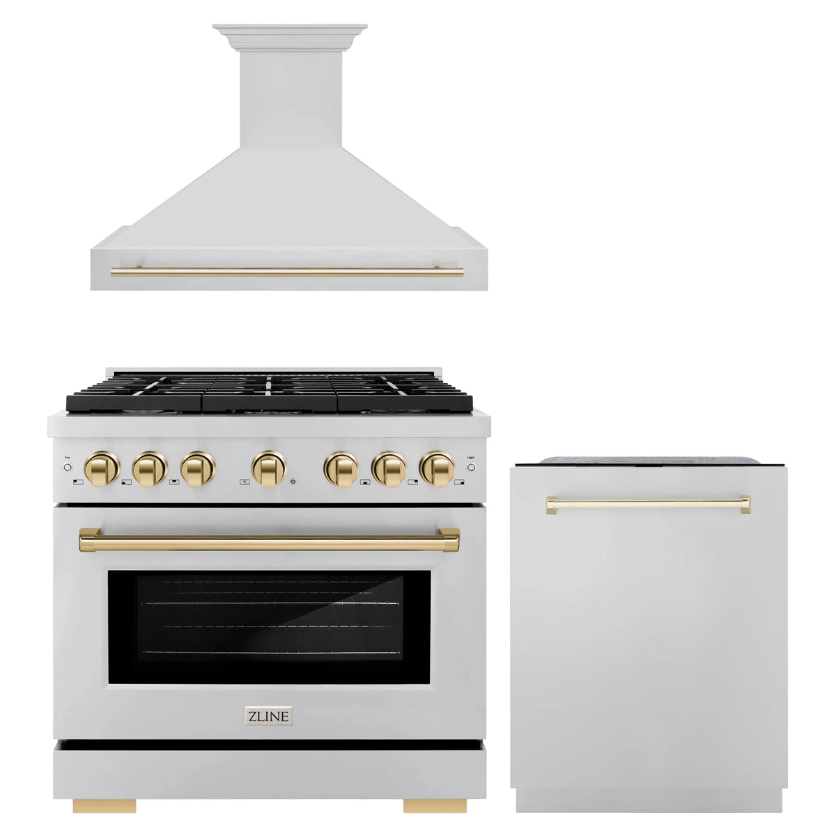 ZLINE Autograph Edition 3-Piece Appliance Package - 36-Inch Gas Range, Wall Mounted Range Hood, & 24-Inch Tall Tub Dishwasher in Stainless Steel with Gold Trim (3AKP-SGRRHDWM36-G)
