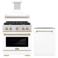 ZLINE Autograph Edition 3-Piece Appliance Package - 30-Inch Gas Range, Wall Mounted Range Hood, & 24-Inch Tall Tub Dishwasher in Stainless Steel and White Door with Champagne Bronze Trim (3AKP-SGRWMRHDWM30-CB)