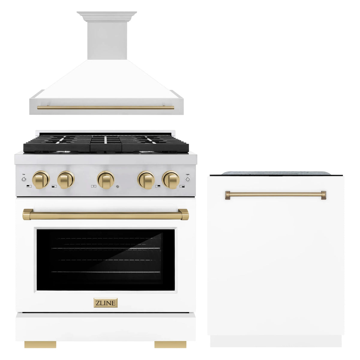 ZLINE Autograph Edition 3-Piece Appliance Package - 30-Inch Gas Range, Wall Mounted Range Hood, & 24-Inch Tall Tub Dishwasher in Stainless Steel and White Door with Champagne Bronze Trim (3AKP-SGRWMRHDWM30-CB)