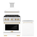 ZLINE Autograph Edition 3-Piece Appliance Package - 30-Inch Gas Range, Wall Mounted Range Hood, & 24-Inch Tall Tub Dishwasher in Stainless Steel and White Door with Gold Trim (3AKP-SGRWMRHDWM30-G)