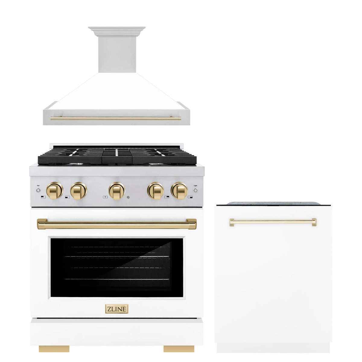 ZLINE Autograph Edition 3-Piece Appliance Package - 30-Inch Gas Range, Wall Mounted Range Hood, & 24-Inch Tall Tub Dishwasher in Stainless Steel and White Door with Gold Trim (3AKP-SGRWMRHDWM30-G)
