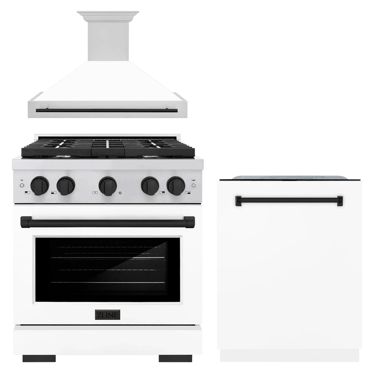 ZLINE Autograph Edition 3-Piece Appliance Package - 30" Gas Range, Wall Mounted Range Hood, &amp; 24" Tall Tub Dishwasher in Stainless Steel and White Door with Matte Black Trim (3AKP-SGRWMRHDWM30-MB)