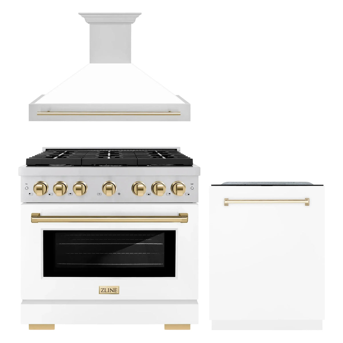 ZLINE Autograph Edition 3-Piece Appliance Package - 36-Inch Gas Range, Wall Mounted Range Hood, & 24-Inch Tall Tub Dishwasher in Stainless Steel and White Door with Gold Trim (3AKP-SGRWMRHDWM36-G)