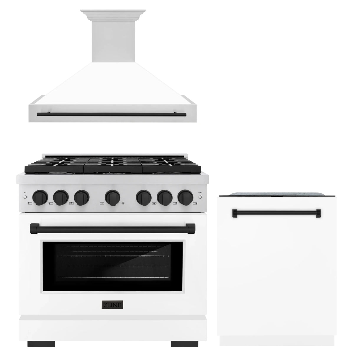 ZLINE Autograph Edition 3-Piece Appliance Package - 36-Inch Gas Range, Wall Mounted Range Hood, & 24-Inch Tall Tub Dishwasher in Stainless Steel and White Door with Matte Black Trim (3AKP-SGRWMRHDWM36-MB)