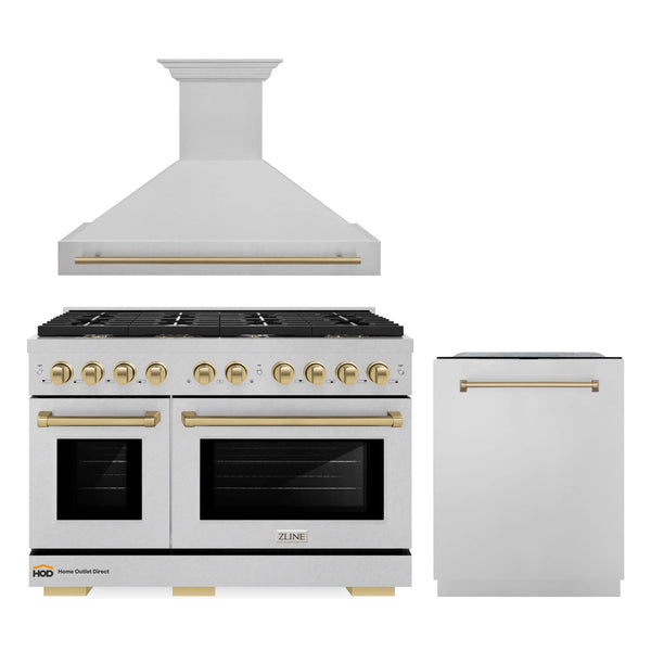 ZLINE 48-Inch Autograph Edition Kitchen Package with Satin Stainless Steel Gas Range, Wall Mount Range Hood and Dishwasher with Champagne Bronze Accents (3AKPR-SGRSRHDWM48-CB)