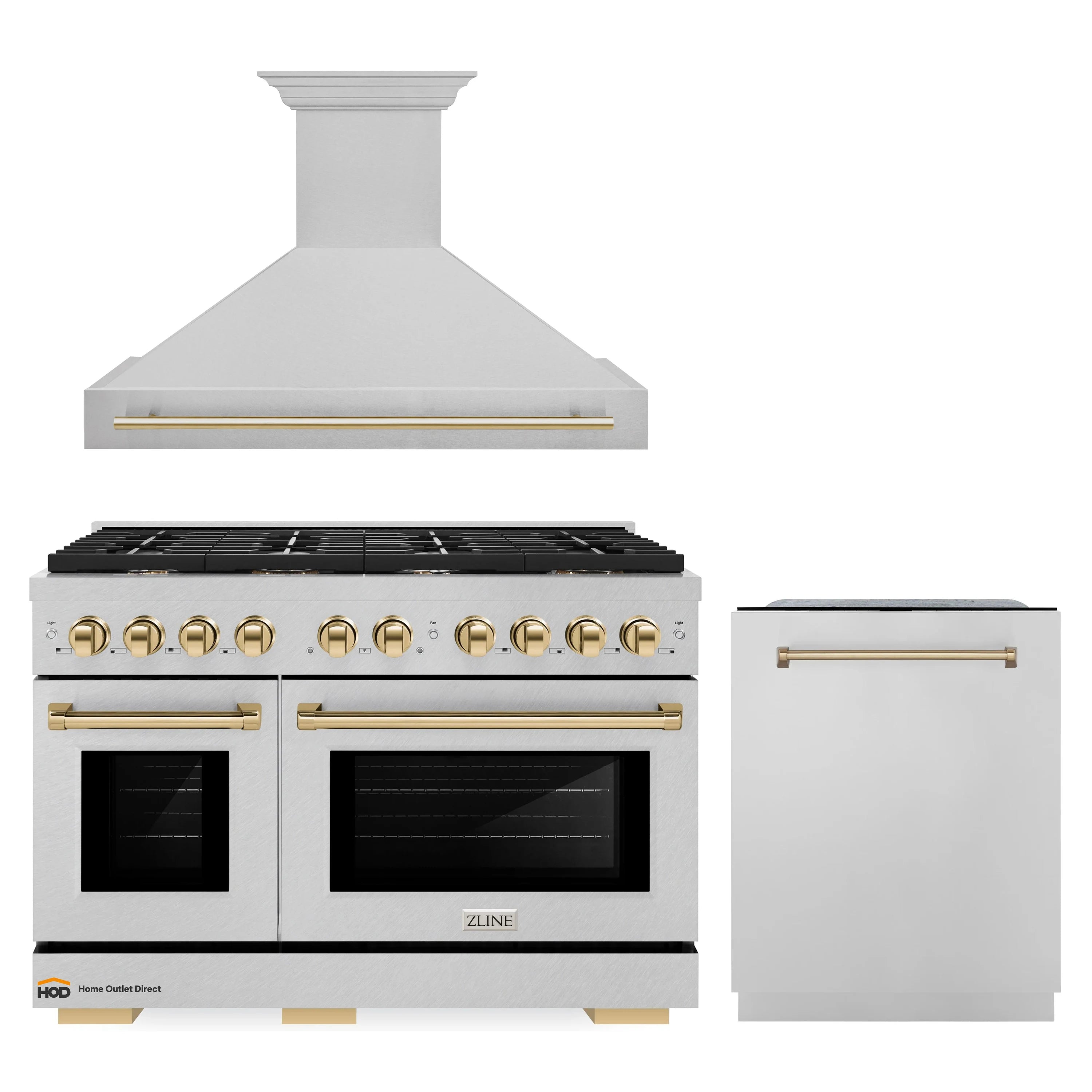 Kitchen appliance package with wall hood, gas range, and dishwasher in stainless steel