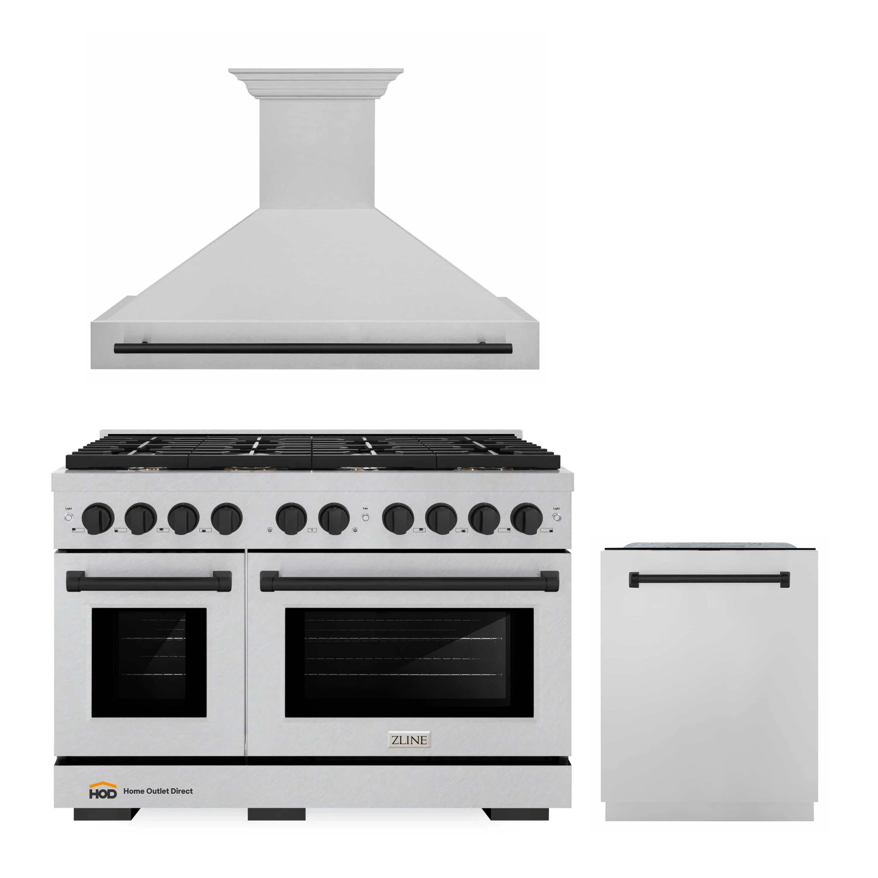 Stainless steel gas range with satin hood and matte black control knobs and dishwasher