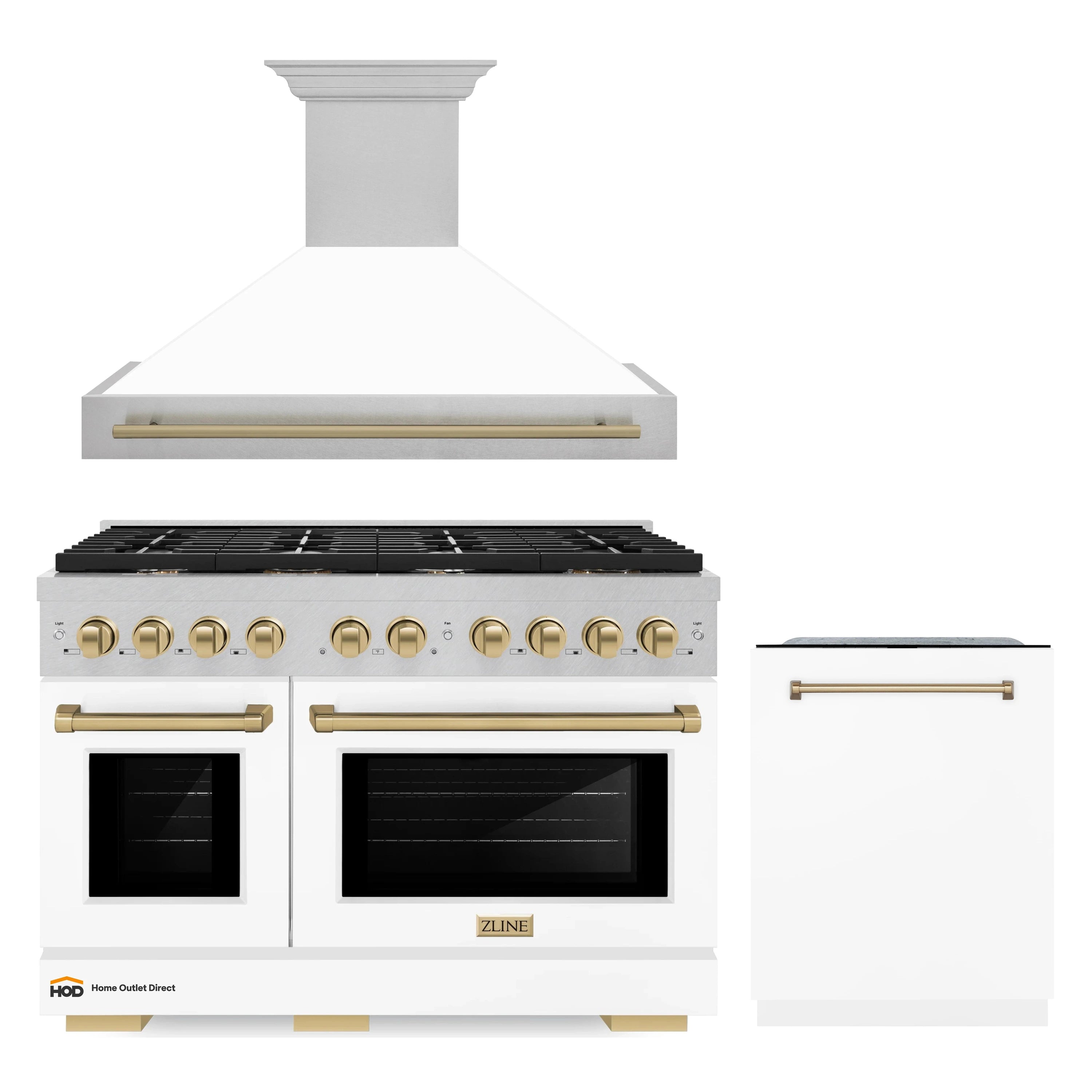 White gas range with two ovens, champagne bronze handles, plus range hood and dishwasher