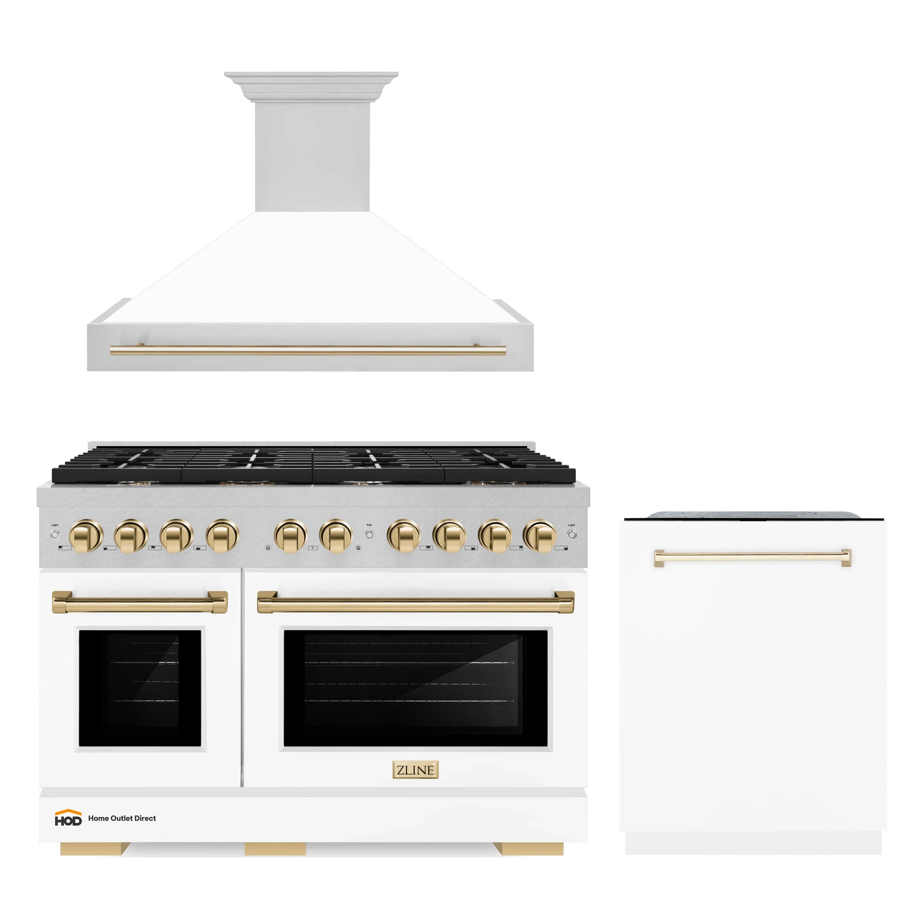 White gas range with gold accents, wall hood, and matching dishwasher