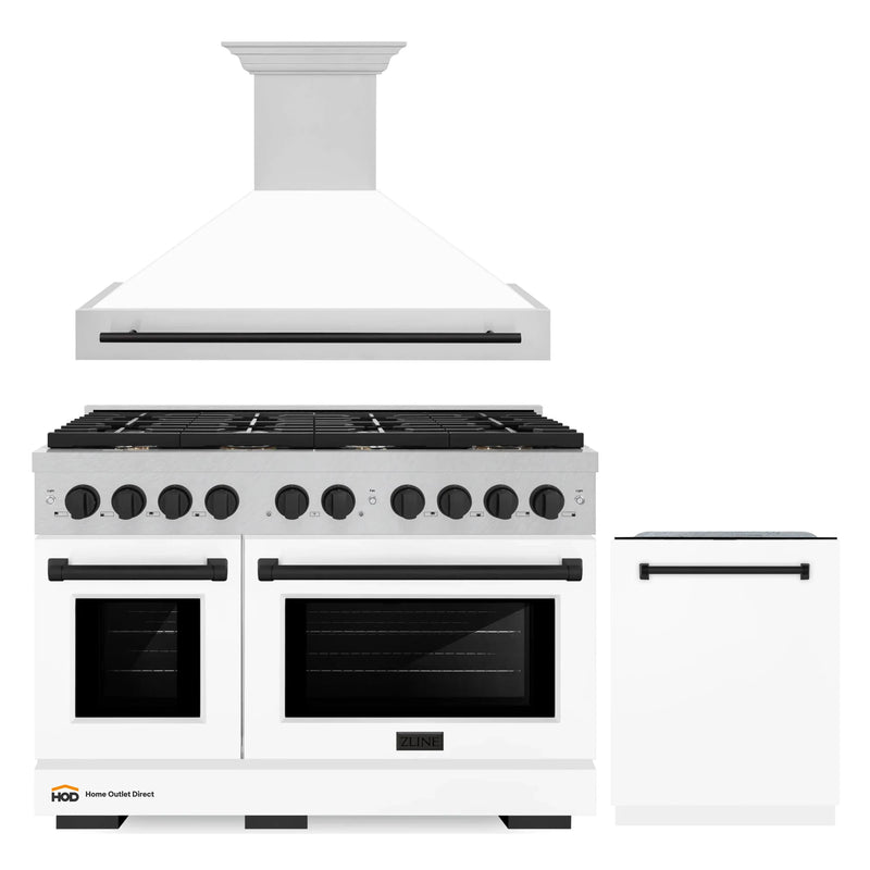 ZLINE 48-Inch Autograph Edition Kitchen Package with DuraSnow Stainless Steel Gas Range, Wall Mount Range Hood and Dishwasher in White Matte and Matte Black Accents (3AKPR-RGSWMRHDWM48-MB)