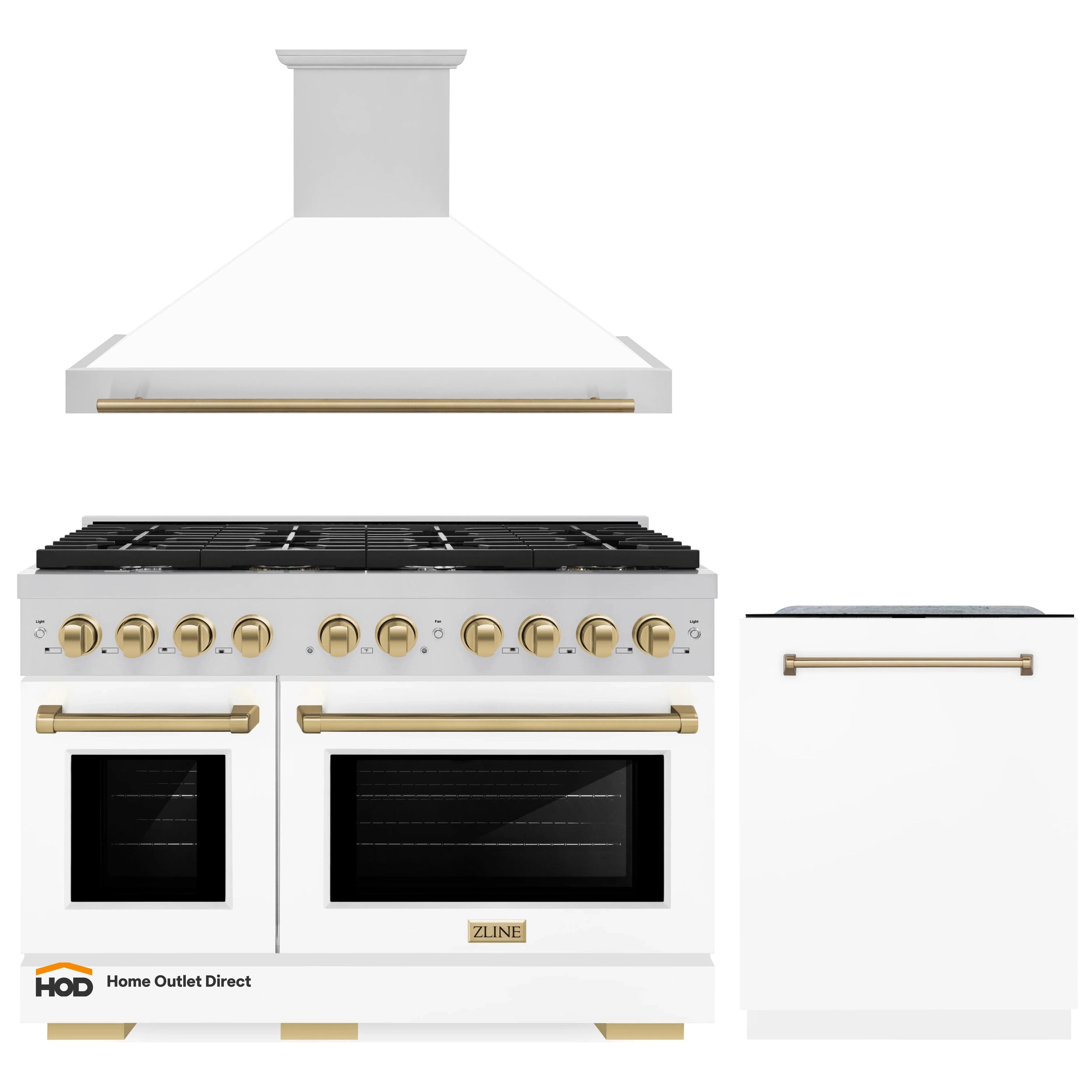 ZLINE Autograph Edition 3-Piece Appliance Package - 48-Inch Gas Range, Wall Mounted Range Hood, & 24-Inch Tall Tub Dishwasher in Stainless Steel and White Door with Champagne Bronze Trim (3AKPR-RGWMRH48-CB)