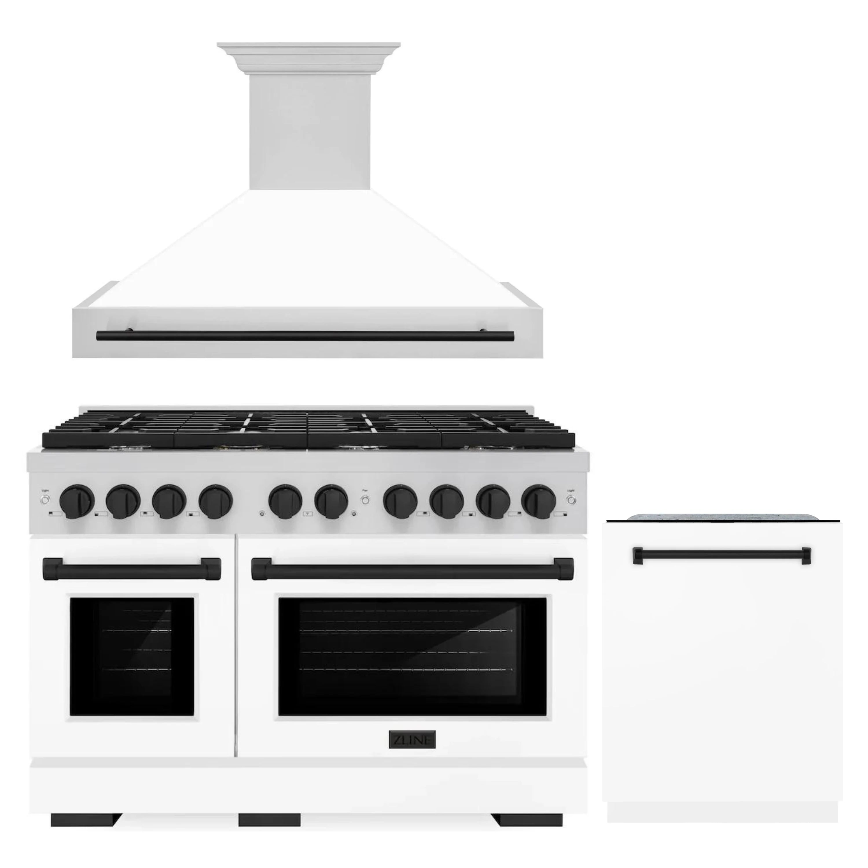 3-piece appliance set: white wall hood, gas range, and white dishwasher door