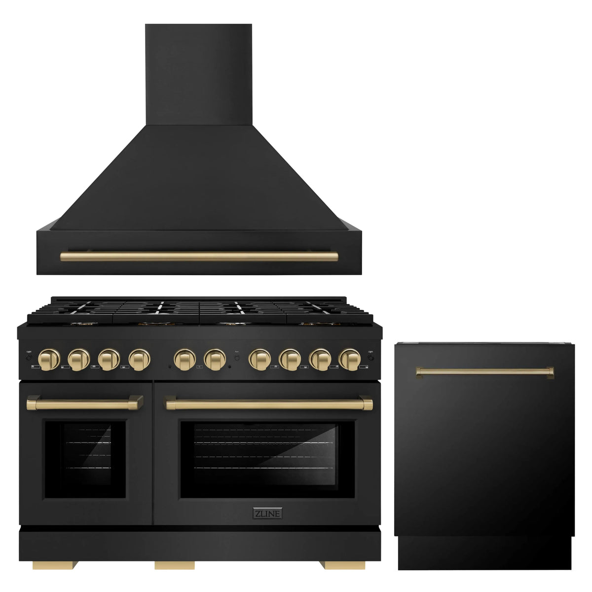 ZLINE Autograph Edition 3-Piece Appliance Package - 48-Inch Gas Range, Wall Mounted Range Hood, & 24-Inch Tall Tub Dishwasher in Black Stainless Steel with Champagne Bronze Trim (3AKPR-SGRBRHDWV48-CB)