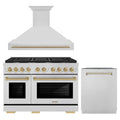 ZLINE Autograph Edition 3-Piece Appliance Package - 48-Inch Gas Range, Wall Mounted Range Hood, & 24-Inch Tall Tub Dishwasher in Stainless Steel with Champagne Bronze Trim (3AKPR-SGRRH48-CB)